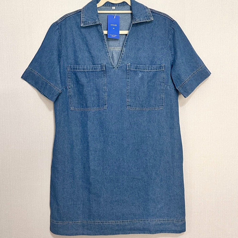 Womens Blue Jean Denim V-Neck Short Sleeve Shift Dress Medium New